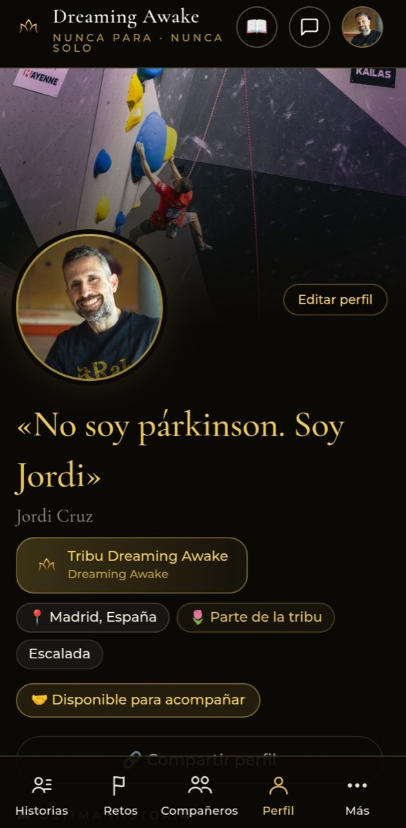 Pantalla real de la app Dreaming Awake: el perfil de Jordi en la comunidad