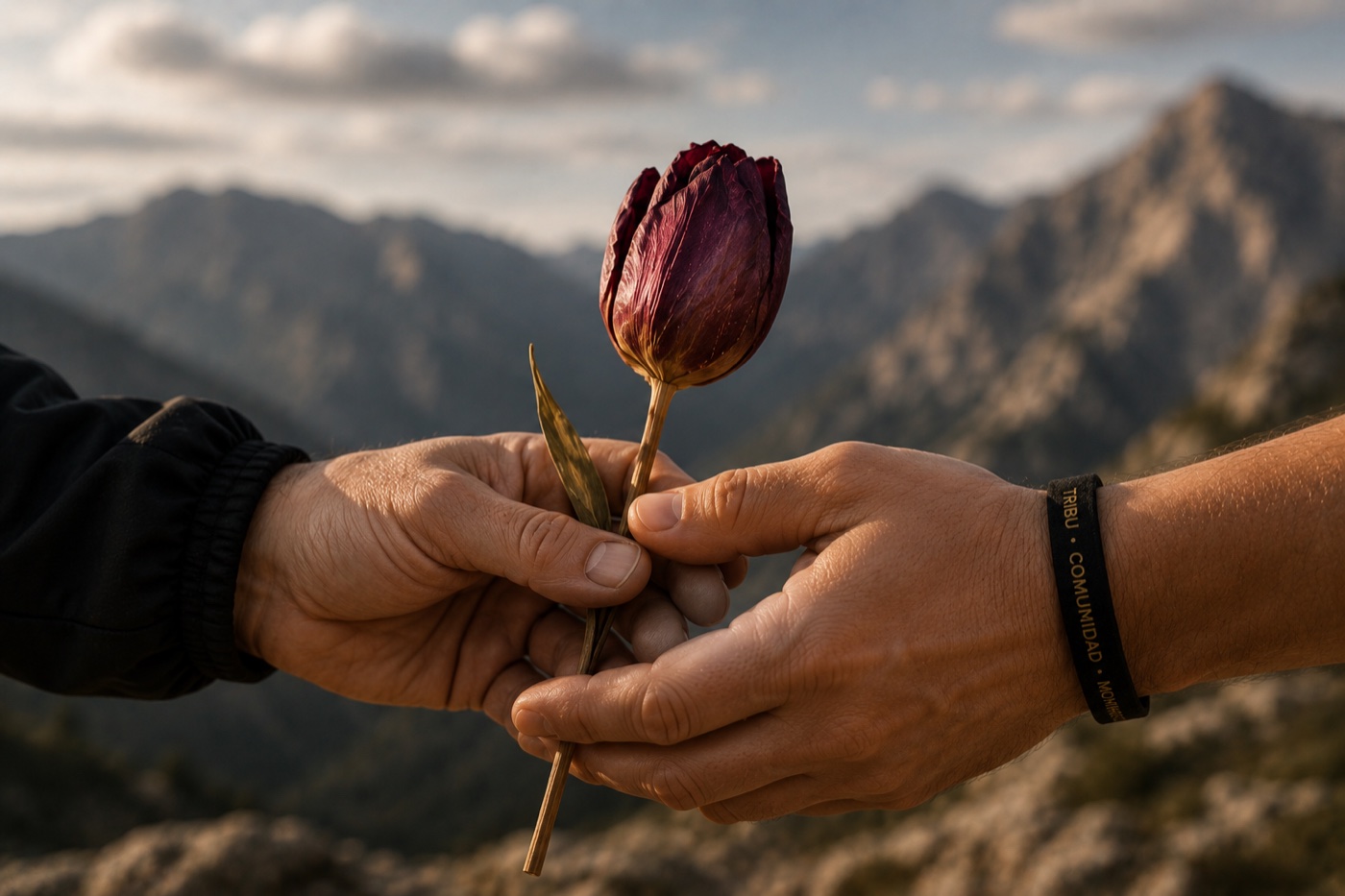 El tulipán pasando de mano en mano en la montaña, con la pulsera Tribu Comunidad
